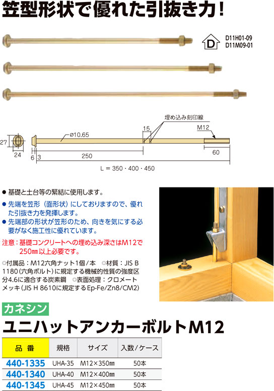 別倉庫からの配送 アンカーボルト プロイズ PZユニハットアンカーボルト PZ-UHA-40 M12×400 基礎と土台等の緊結に使用します  012201 カネシン アミ