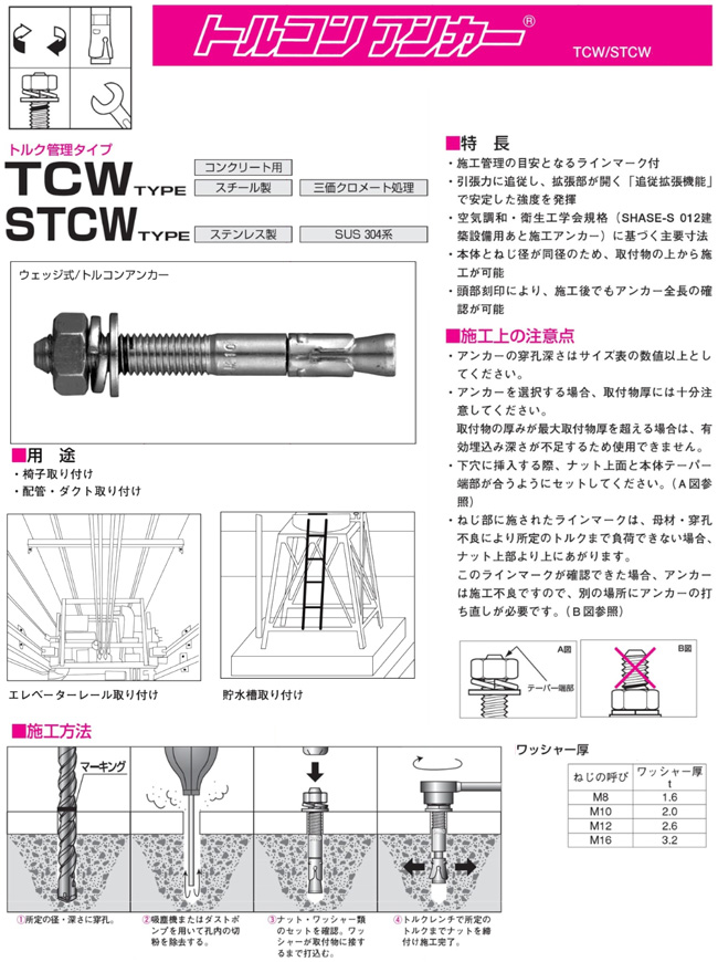 世界有名な サンコーテクノ STCW-1070 トルコンアンカー STCWタイプSUS304系ステンレス製 雄ネジタイプ♂M10×全長70mm  30本入