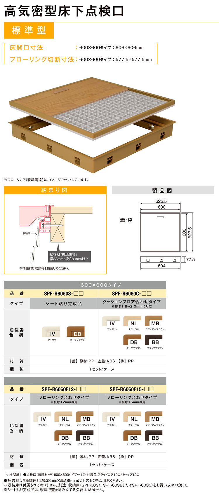 最大46%OFFクーポン 城東テクノ 高気密型床下点検口 クッションフロア合わせ用 SPF-R6060C 600×600×77.5mm 全5色 