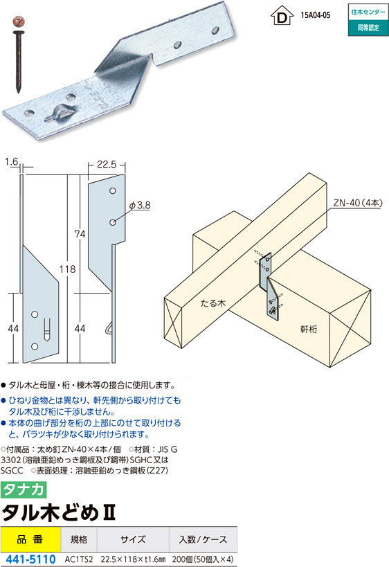 夏セール開催中 たる木止め金物 たる木クランプII 40×150 たる木と母屋 軒桁 棟木の接合に使用 107100 カネシン アミ 