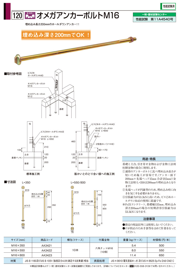 公式ショップ】 タナカ 高耐力オメガアンカーボルトM16 L=1000 AF6H81