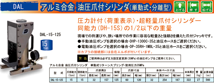 今年人気のブランド品や ダイキ DAL-15-125 アルミ合金 油圧爪付シリンダ