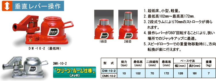 一番人気物 標準仕様２段式ミニジャッキ10TON 水平レバー操作