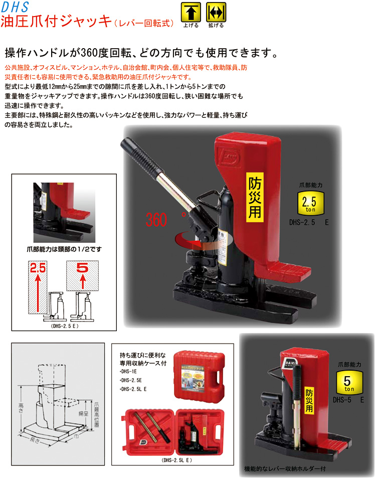 省スペース 洗える おしゃれ ダイキ ダイキ 防災用爪つきジャッキ 爪部２．５ｔｏｎ収納ケース付 ＤＨＳ−２．５Ｅ １台 （メーカー直送品） 