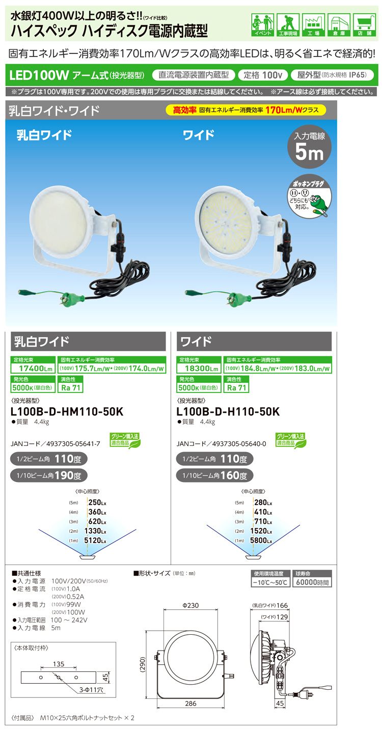 憧れ ハイスペックハイディスク70W 電源装置内蔵型 昼白色 アーム式投光器型 乳白ワイド L70B-D-HM110-50K 日動工業 