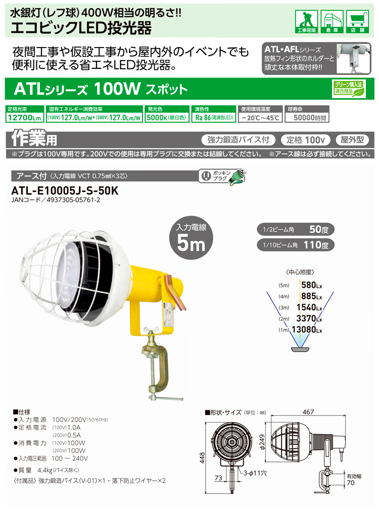 半額 日動工業 ATL-E10005J-S-50K エコビックLED投光器100W 作業用 スポット 昼白色 アース付 電線5m 