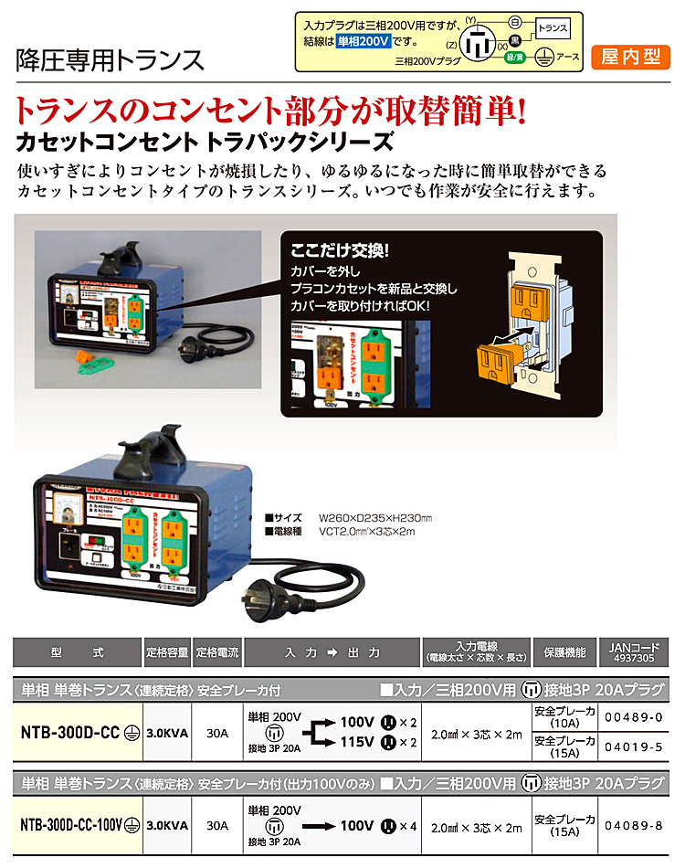 人気を誇る 工事資材通販 ガテン市場日動工業 降圧専用トランス 屋内型 TB-300D 単巻トランス 連続定格 安全ブレーカ付 リングトランス 