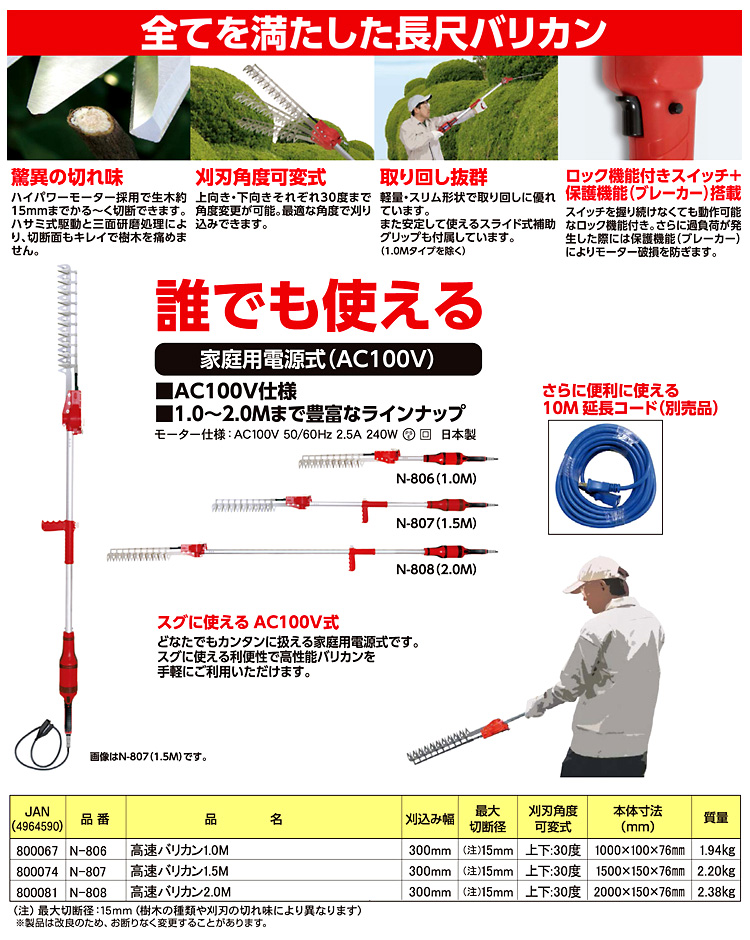 情熱セール お宝イータウンニシガキ工業 高速バリカン2.0M 長尺電動植木バリカン N-808 代引き不可 同梱不可