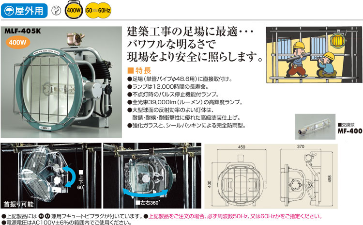 正規店 ハタヤ 投光器 メタルハライドランプ 400W バイス付 60Hz MLV405K6 3946851