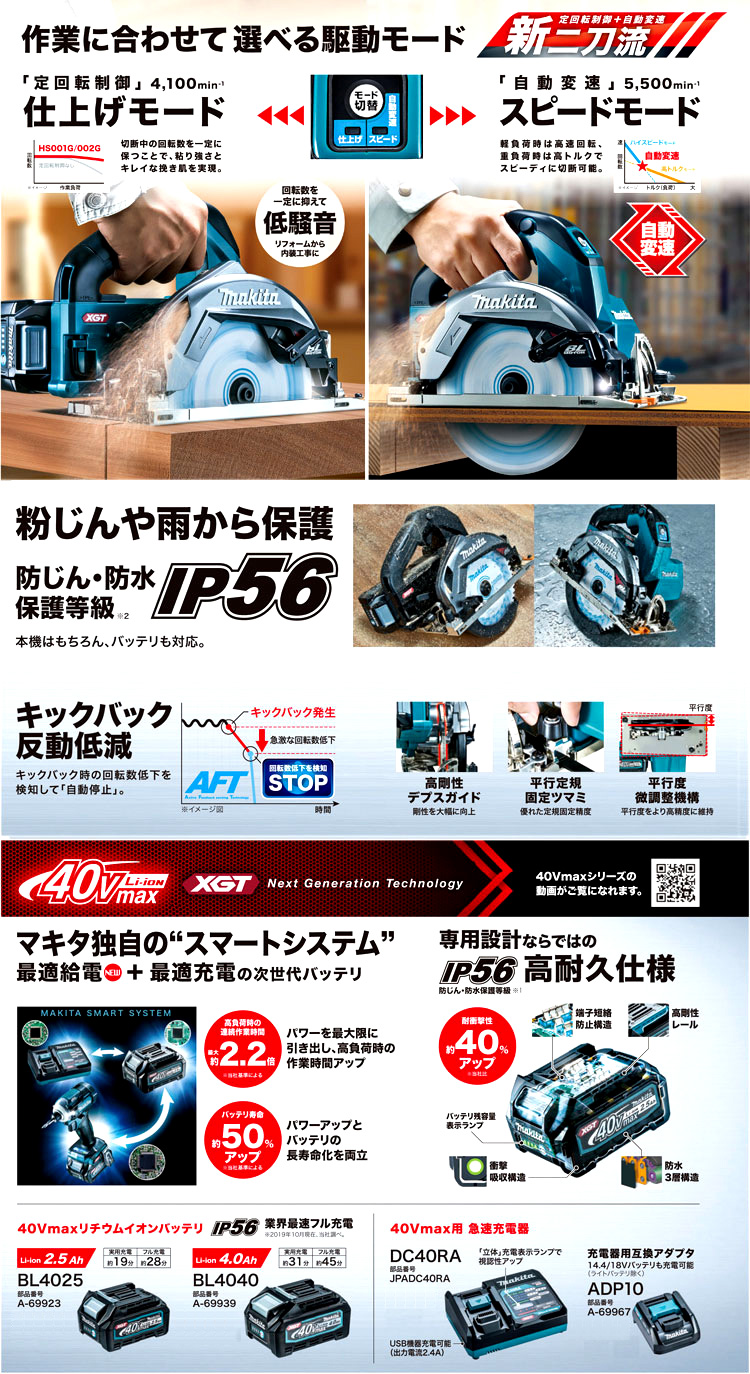 165mm 36V【2.5Ah電池付】40Vmaxマルノコ〔無線連動対応〕