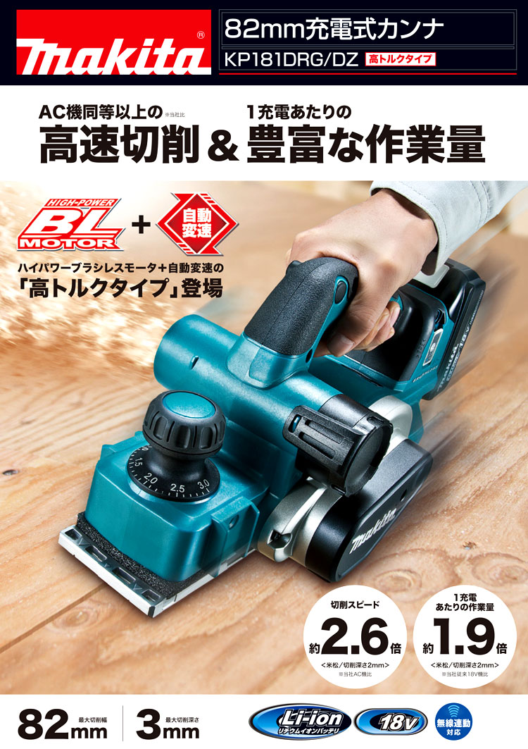 18V【6.0Ah電池付】82mm充電式カンナ（高トルクタイプ）〔無線連動対