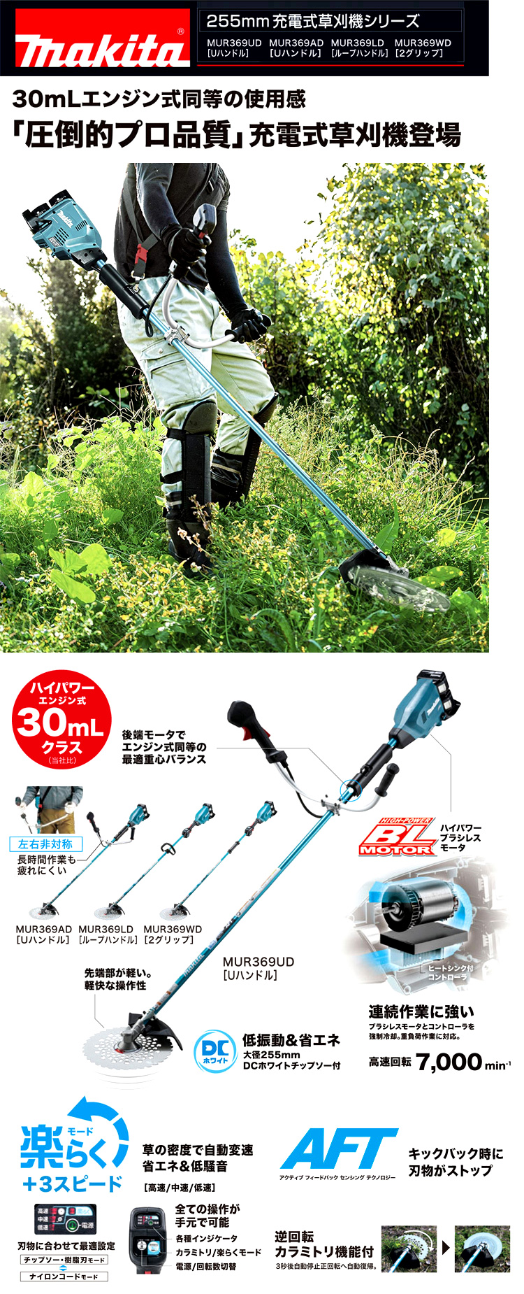 18V+18V(36V)【6.0Ah電池付】255mm充電式草刈機(後端モータ+Uハンドル)