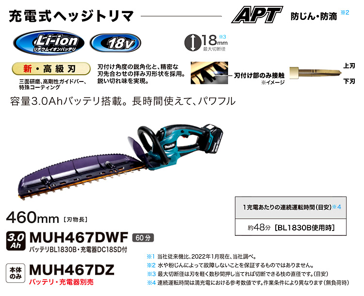 18V【3.0Ah電池付】460mm充電式生垣バリカン