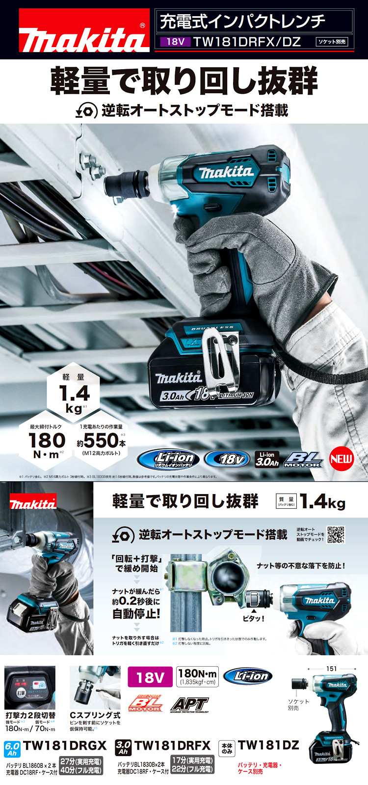 超人気 高橋本社 店マキタ makita TW181DRGX 充電式インパクトレンチ 18V 6.0Ah 